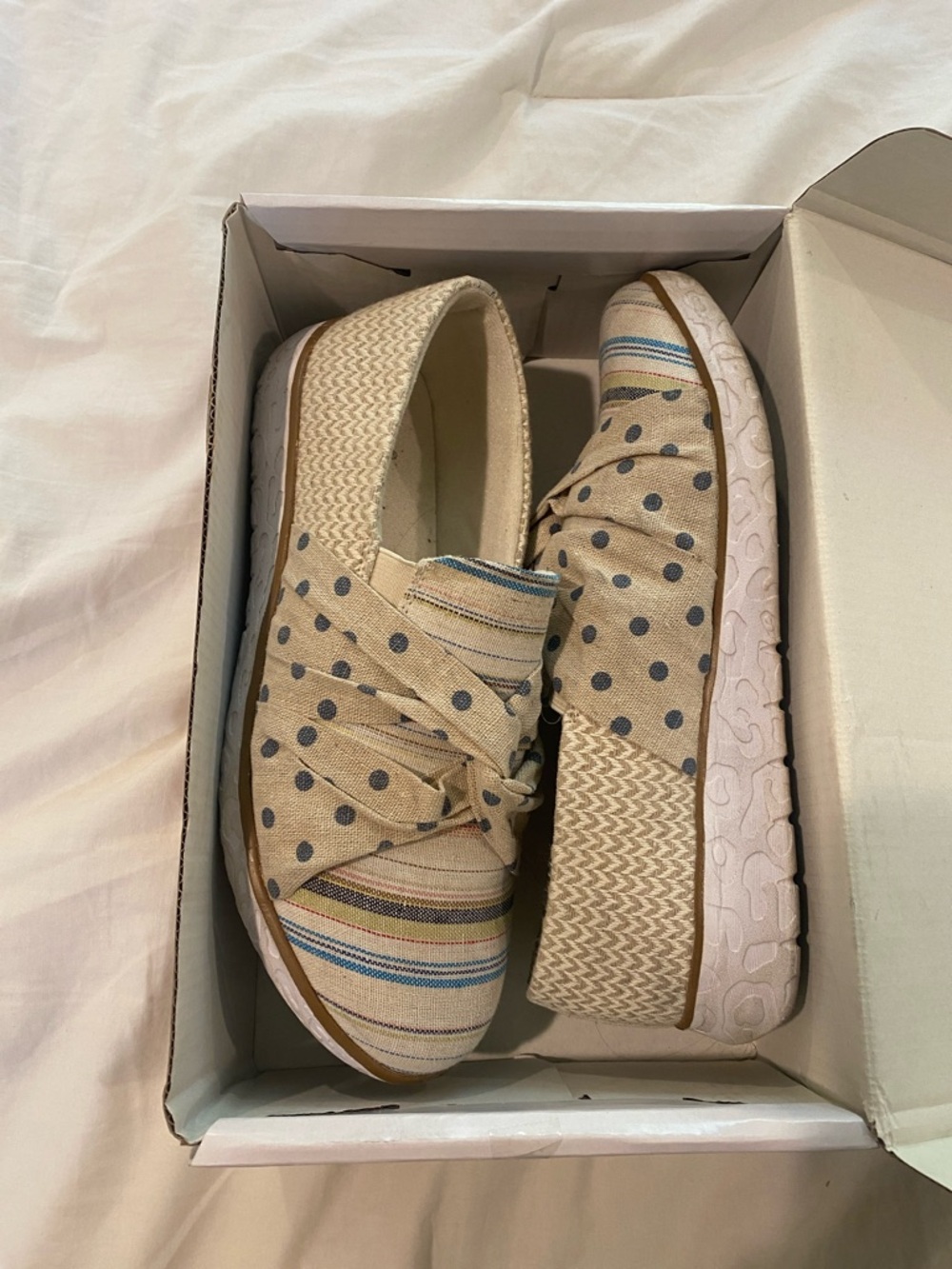Muk Luks Beige Polka Dot Slip-On Sneakers with Blue Stripe Accents